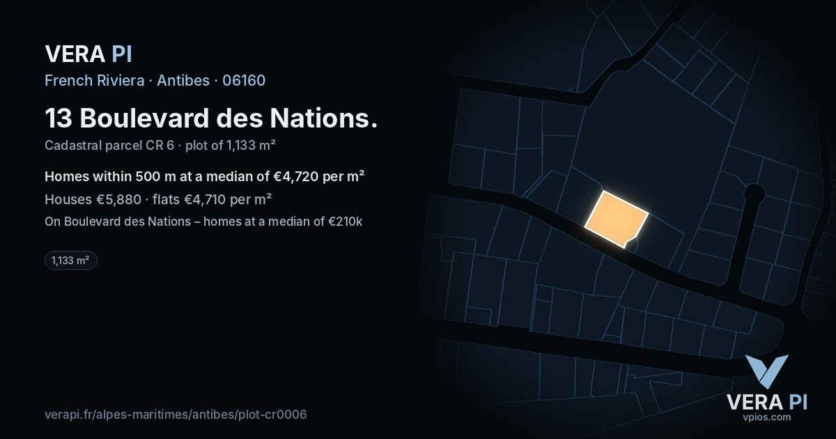 13 Boulevard des Nations, Antibes at night – the plot lit, the parcels around coloured by the prices near them