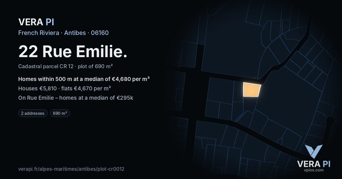 22 Rue Emilie, Antibes at night – the plot lit, the parcels around coloured by the prices near them