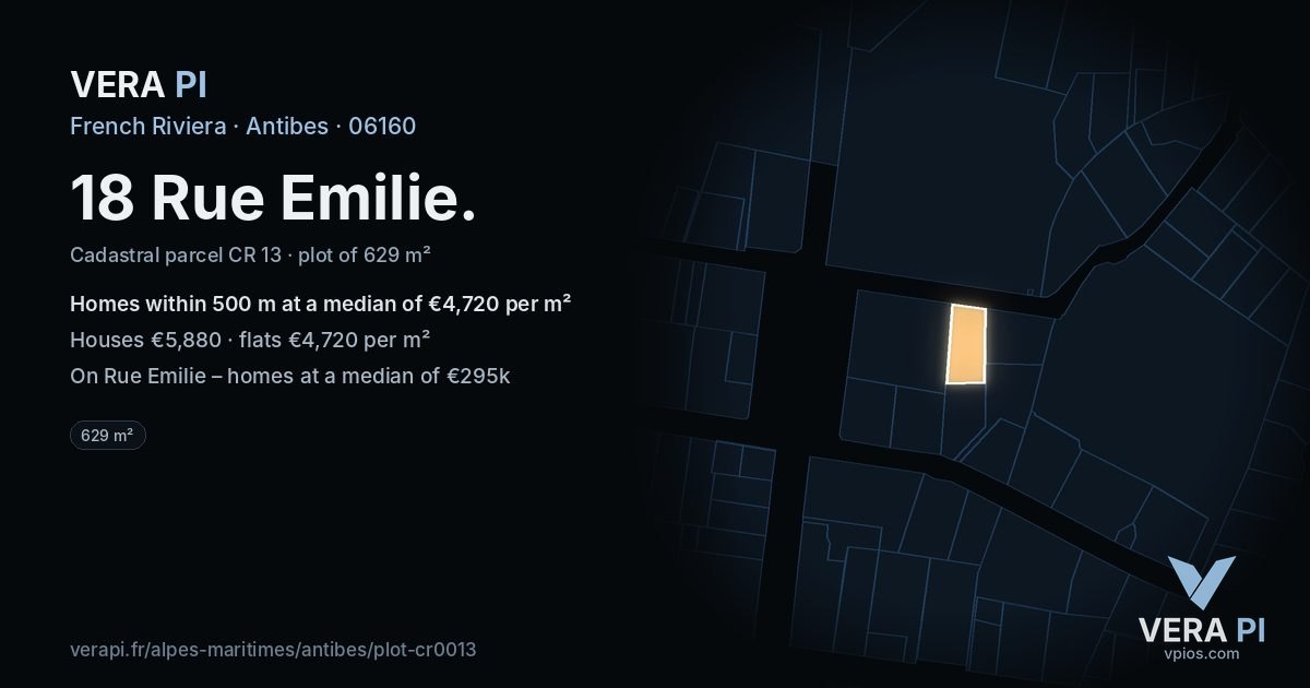 18 Rue Emilie, Antibes at night – the plot lit, the parcels around coloured by the prices near them