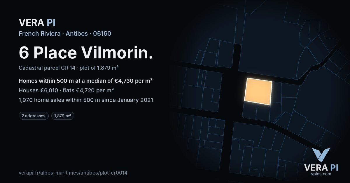6 Place Vilmorin, Antibes at night – the plot lit, the parcels around coloured by the prices near them