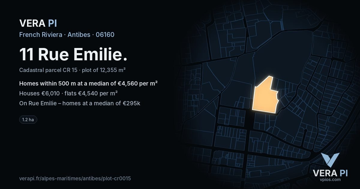 11 Rue Emilie, Antibes at night – the plot lit, the parcels around coloured by the prices near them