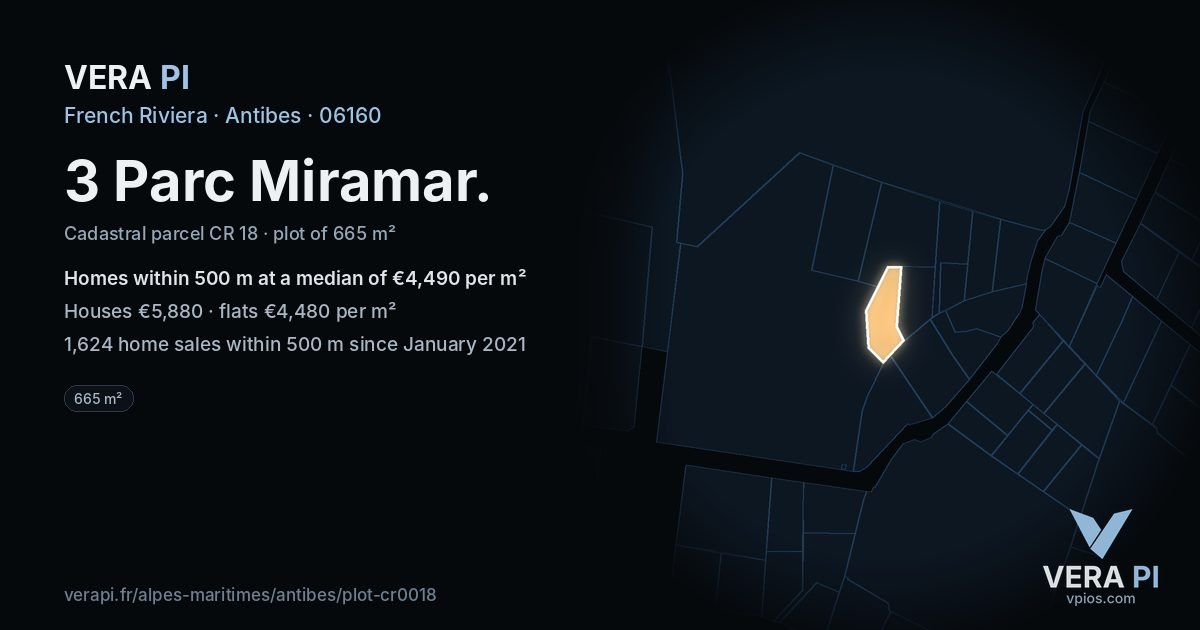 3 Parc Miramar, Antibes at night – the plot lit, the parcels around coloured by the prices near them