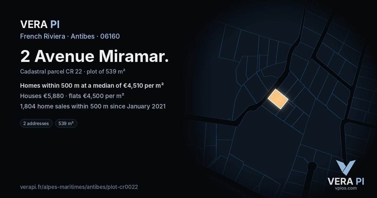 2 Avenue Miramar, Antibes at night – the plot lit, the parcels around coloured by the prices near them