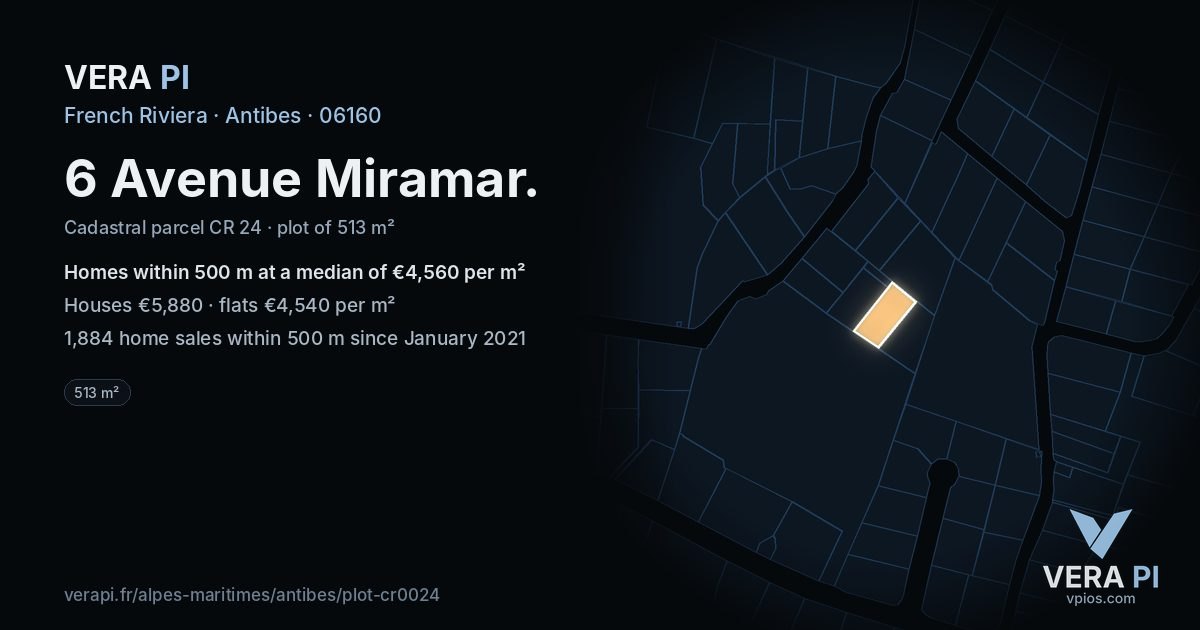 6 Avenue Miramar, Antibes at night – the plot lit, the parcels around coloured by the prices near them