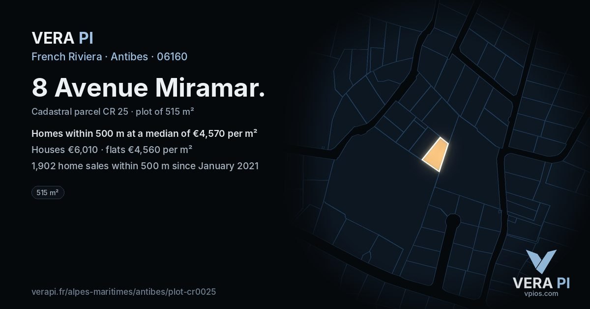 8 Avenue Miramar, Antibes at night – the plot lit, the parcels around coloured by the prices near them