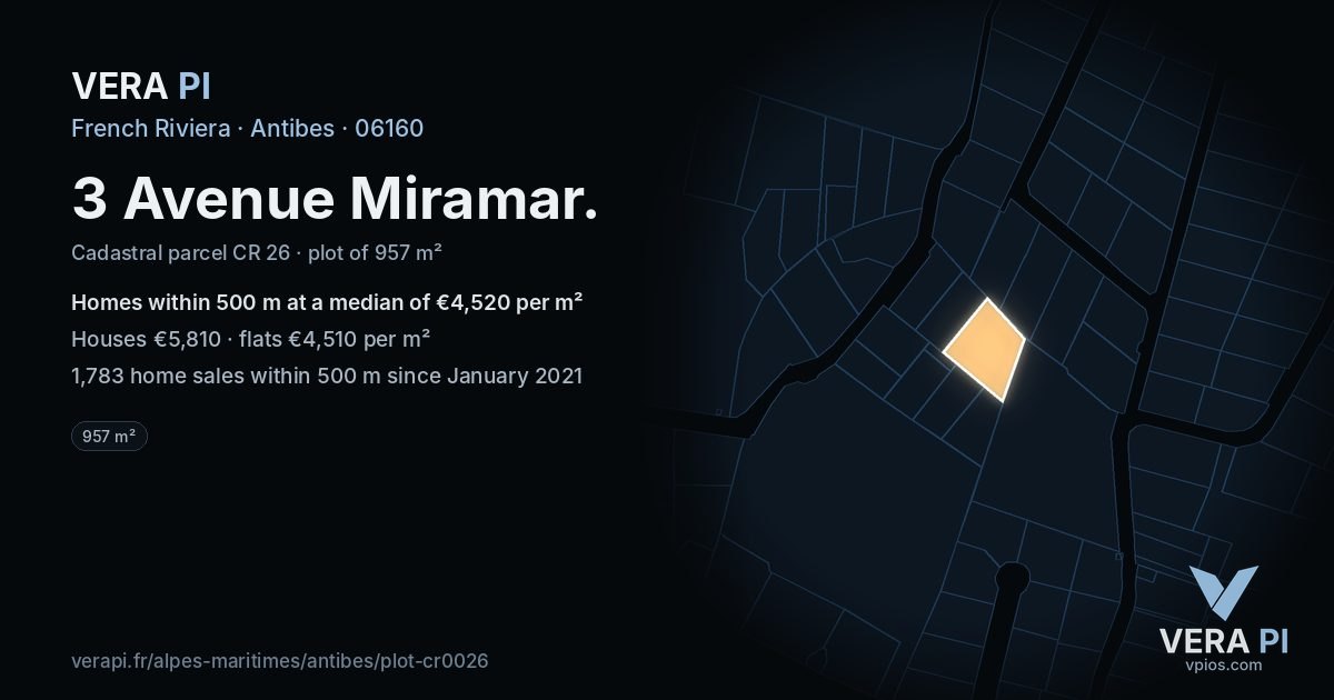 3 Avenue Miramar, Antibes at night – the plot lit, the parcels around coloured by the prices near them