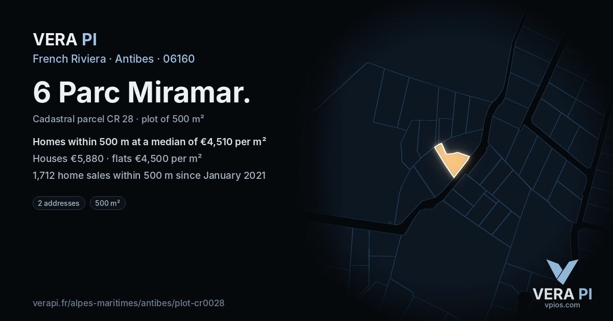 6 Parc Miramar, Antibes at night – the plot lit, the parcels around coloured by the prices near them