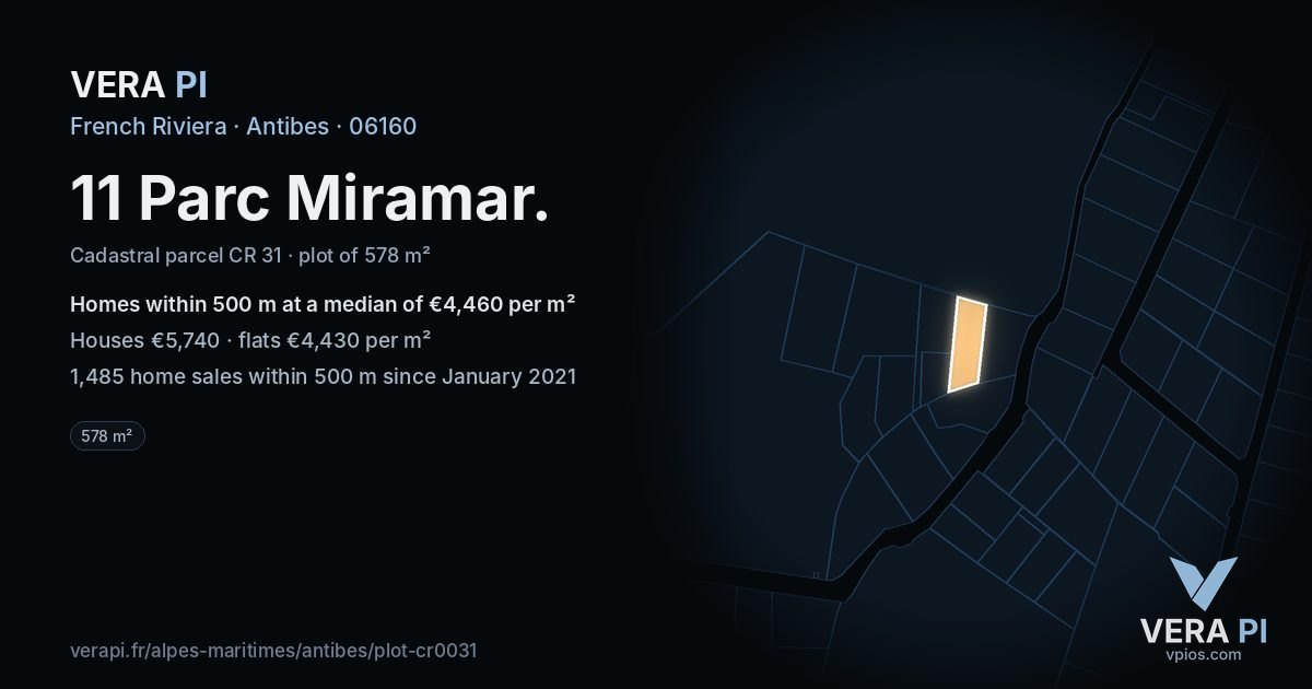 11 Parc Miramar, Antibes at night – the plot lit, the parcels around coloured by the prices near them