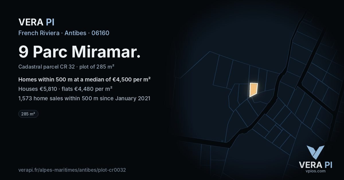 9 Parc Miramar, Antibes at night – the plot lit, the parcels around coloured by the prices near them
