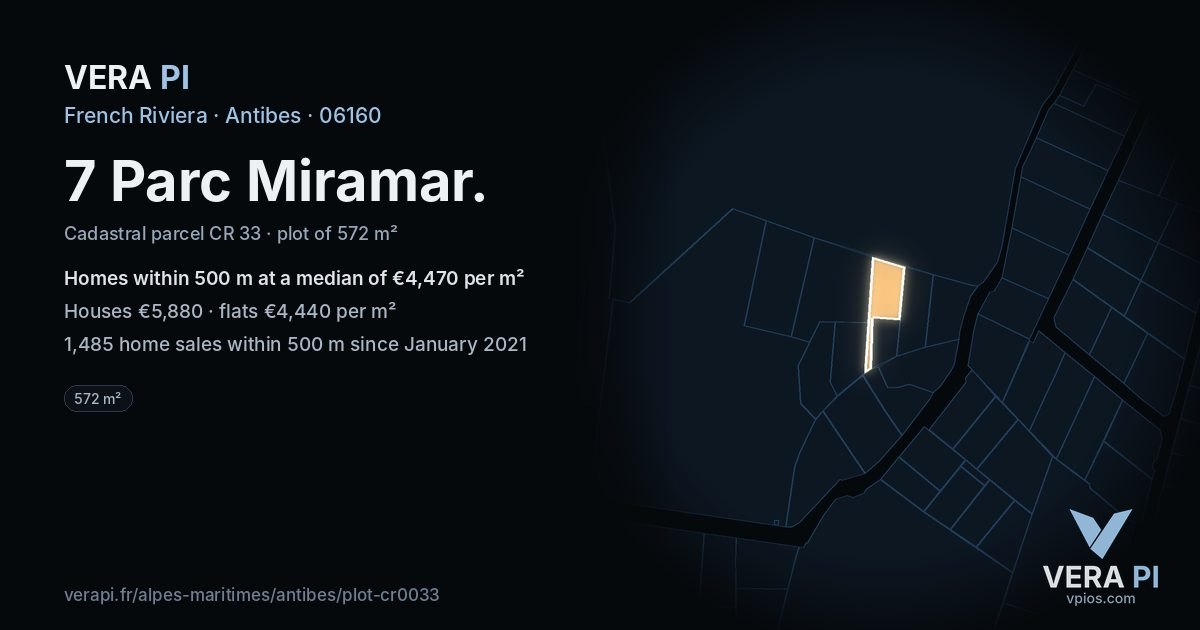 7 Parc Miramar, Antibes at night – the plot lit, the parcels around coloured by the prices near them