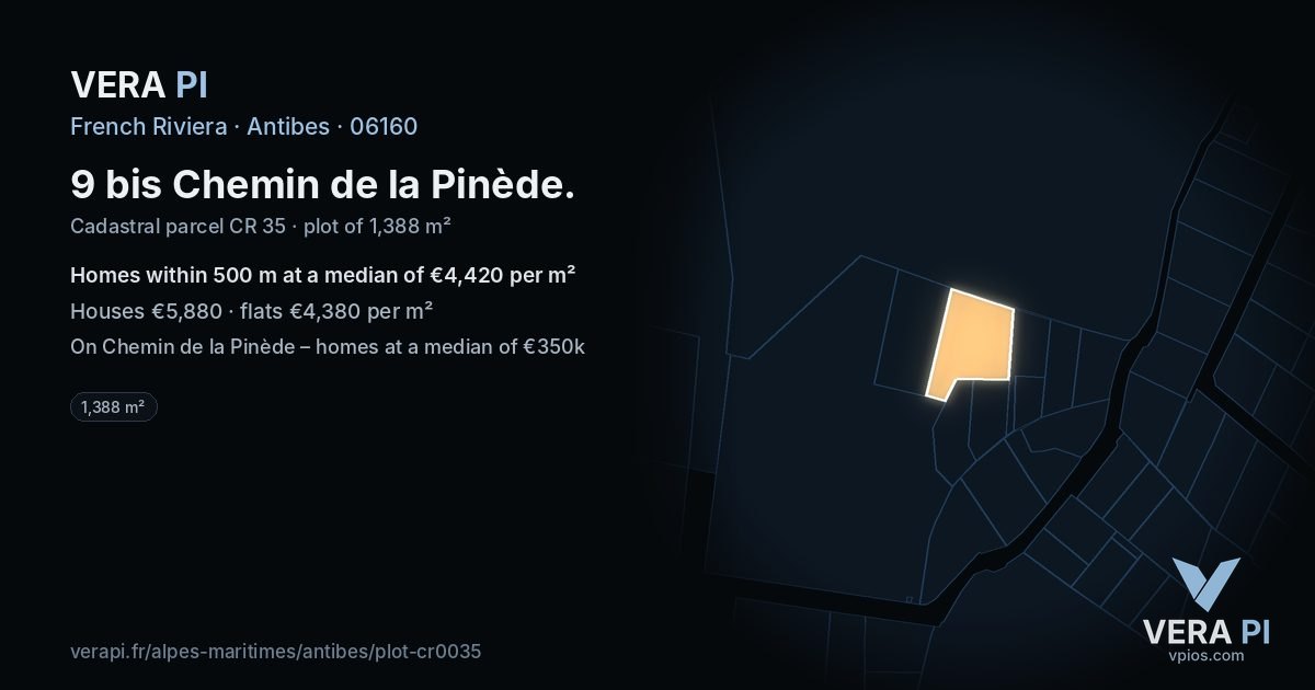 9 bis Chemin de la Pinède, Antibes at night – the plot lit, the parcels around coloured by the prices near them