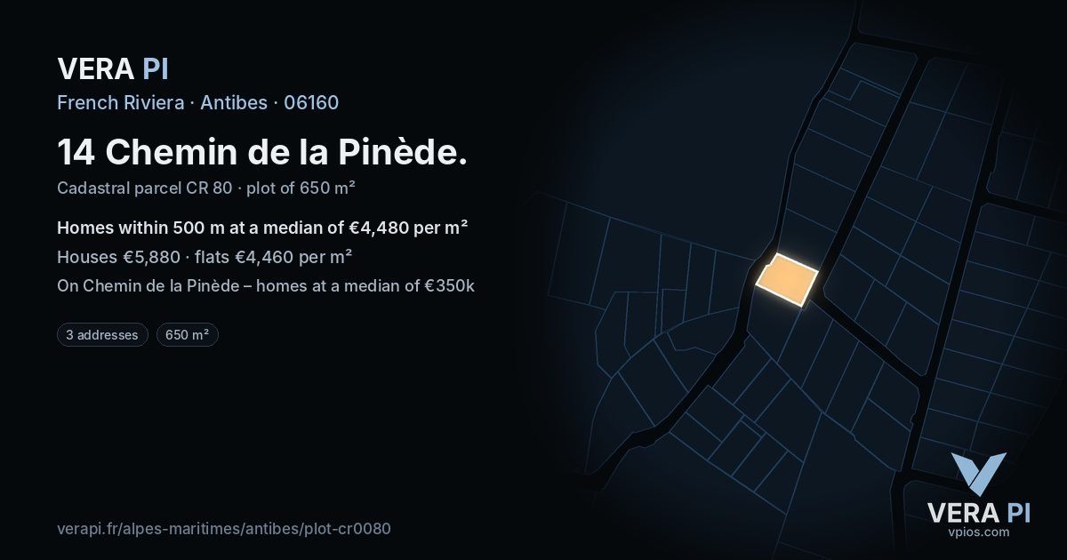14 Chemin de la Pinède, Antibes at night – the plot lit, the parcels around coloured by the prices near them