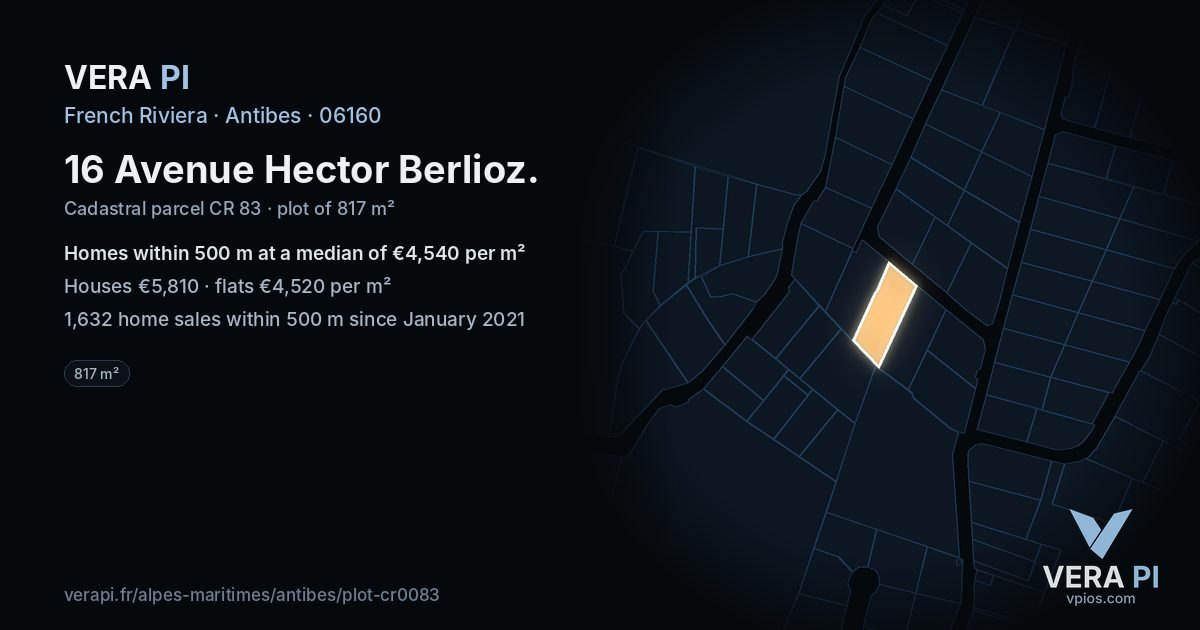 16 Avenue Hector Berlioz, Antibes at night – the plot lit, the parcels around coloured by the prices near them