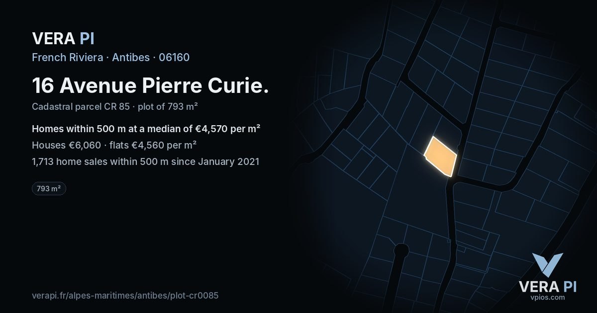 16 Avenue Pierre Curie, Antibes at night – the plot lit, the parcels around coloured by the prices near them