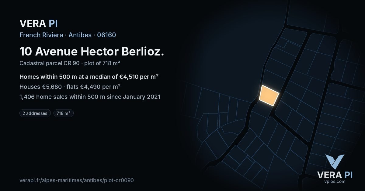 10 Avenue Hector Berlioz, Antibes at night – the plot lit, the parcels around coloured by the prices near them