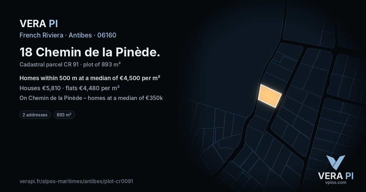 18 Chemin de la Pinède, Antibes at night – the plot lit, the parcels around coloured by the prices near them