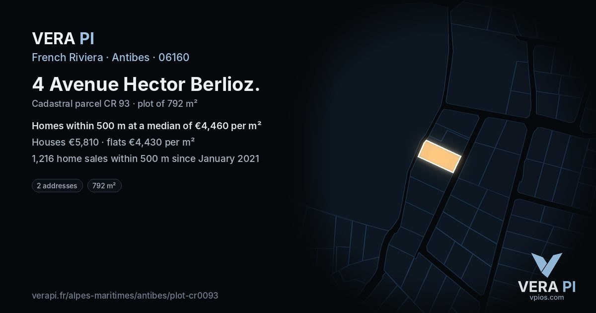 4 Avenue Hector Berlioz, Antibes at night – the plot lit, the parcels around coloured by the prices near them