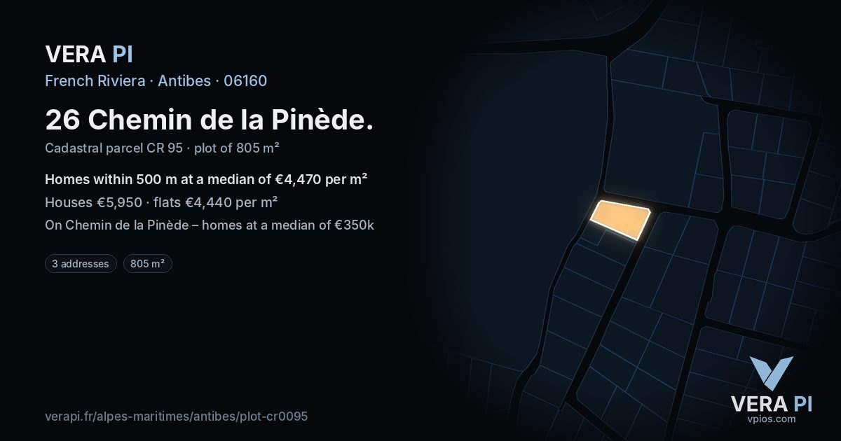 26 Chemin de la Pinède, Antibes at night – the plot lit, the parcels around coloured by the prices near them