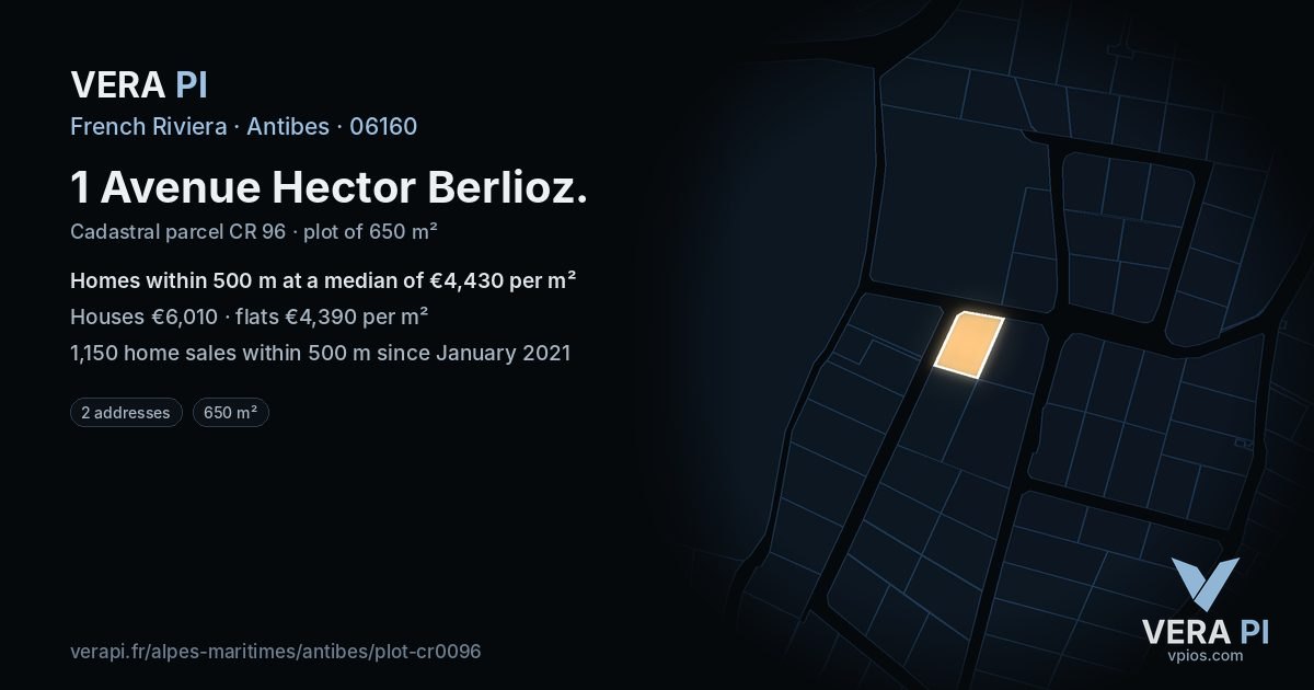 1 Avenue Hector Berlioz, Antibes at night – the plot lit, the parcels around coloured by the prices near them