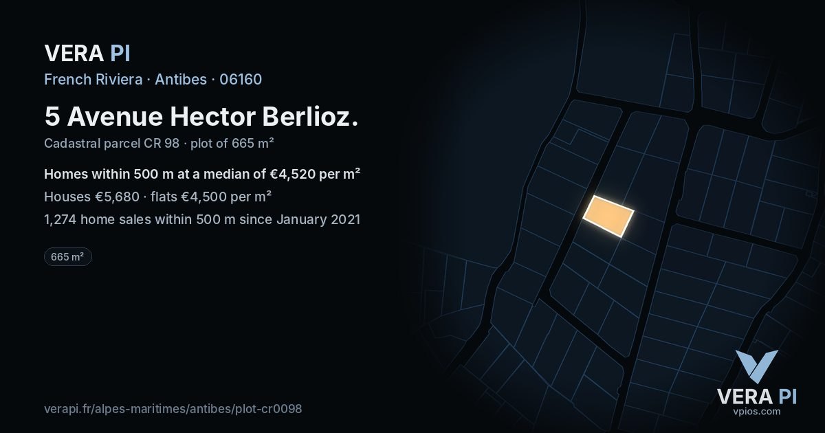 5 Avenue Hector Berlioz, Antibes at night – the plot lit, the parcels around coloured by the prices near them