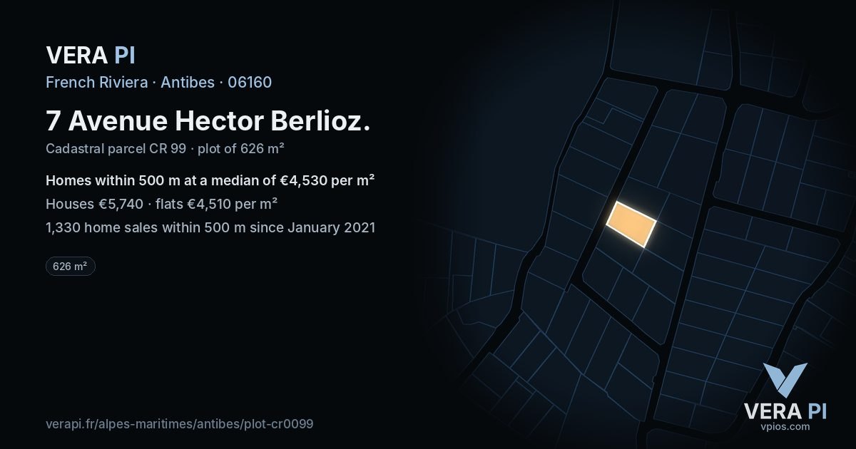 7 Avenue Hector Berlioz, Antibes at night – the plot lit, the parcels around coloured by the prices near them