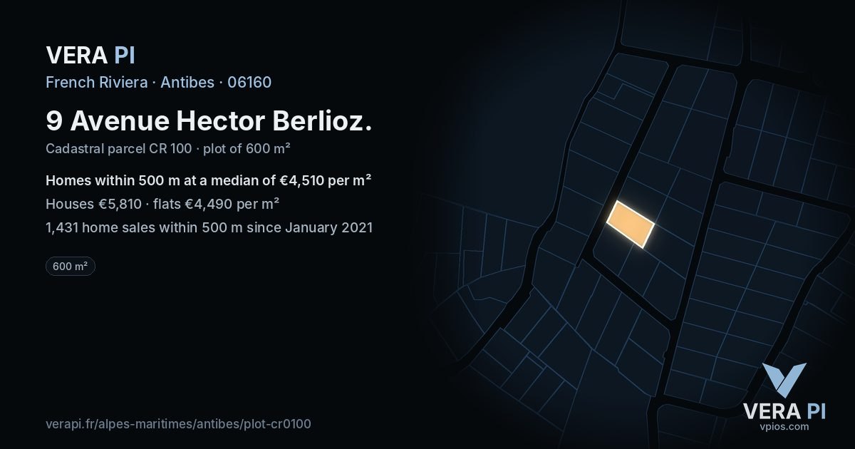 9 Avenue Hector Berlioz, Antibes at night – the plot lit, the parcels around coloured by the prices near them