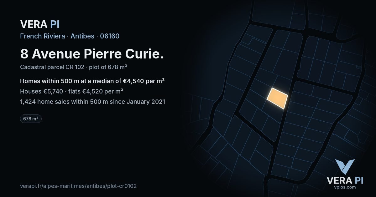8 Avenue Pierre Curie, Antibes at night – the plot lit, the parcels around coloured by the prices near them
