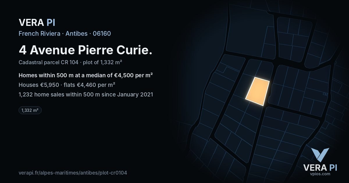 4 Avenue Pierre Curie, Antibes at night – the plot lit, the parcels around coloured by the prices near them