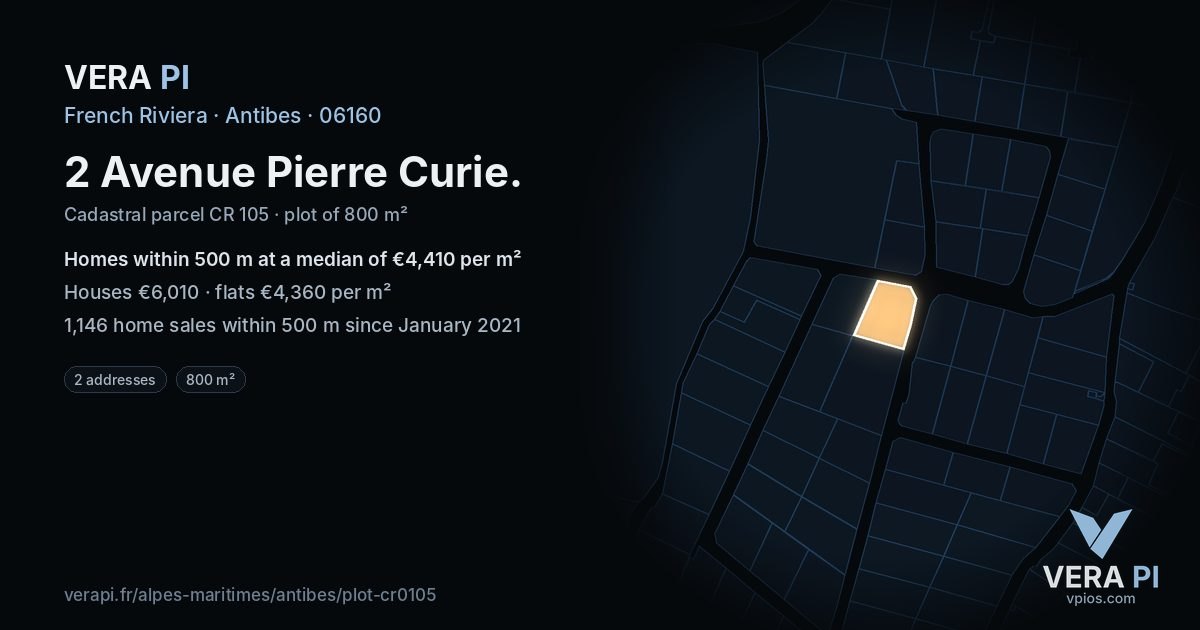 2 Avenue Pierre Curie, Antibes at night – the plot lit, the parcels around coloured by the prices near them
