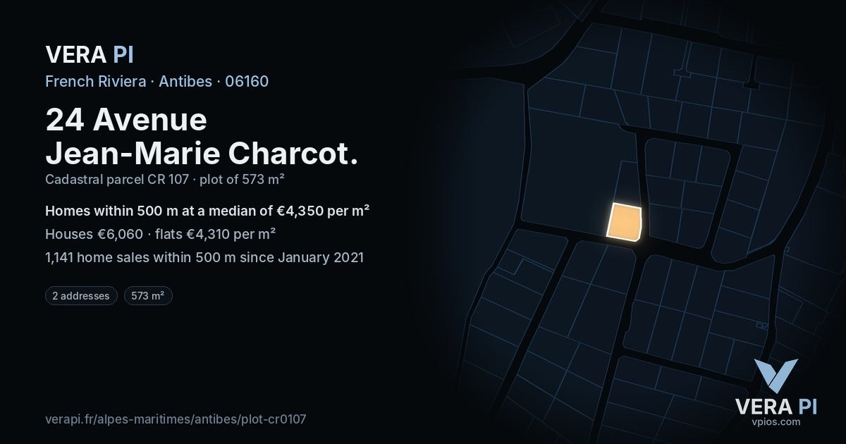 24 Avenue Jean-Marie Charcot, Antibes at night – the plot lit, the parcels around coloured by the prices near them
