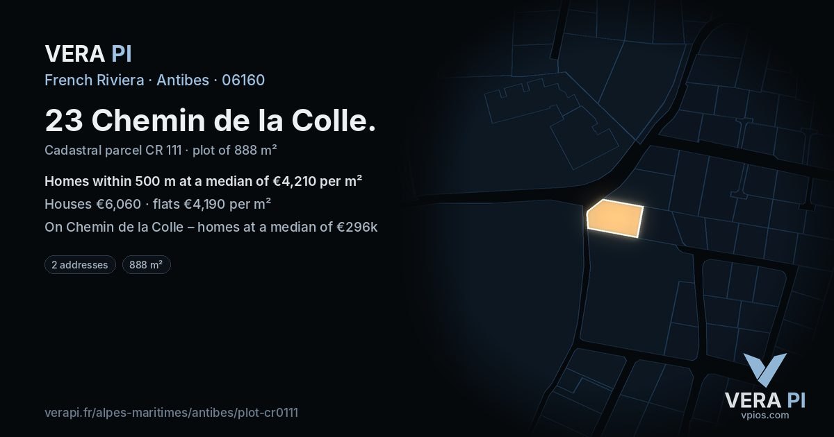 23 Chemin de la Colle, Antibes at night – the plot lit, the parcels around coloured by the prices near them