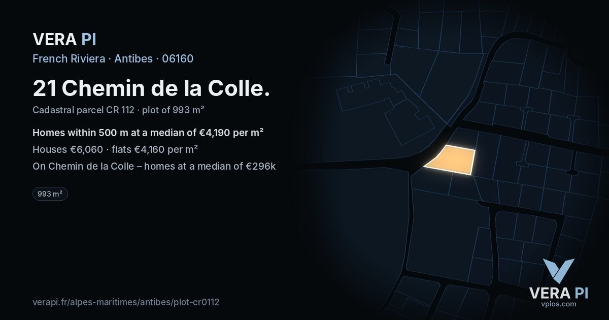 21 Chemin de la Colle, Antibes at night – the plot lit, the parcels around coloured by the prices near them
