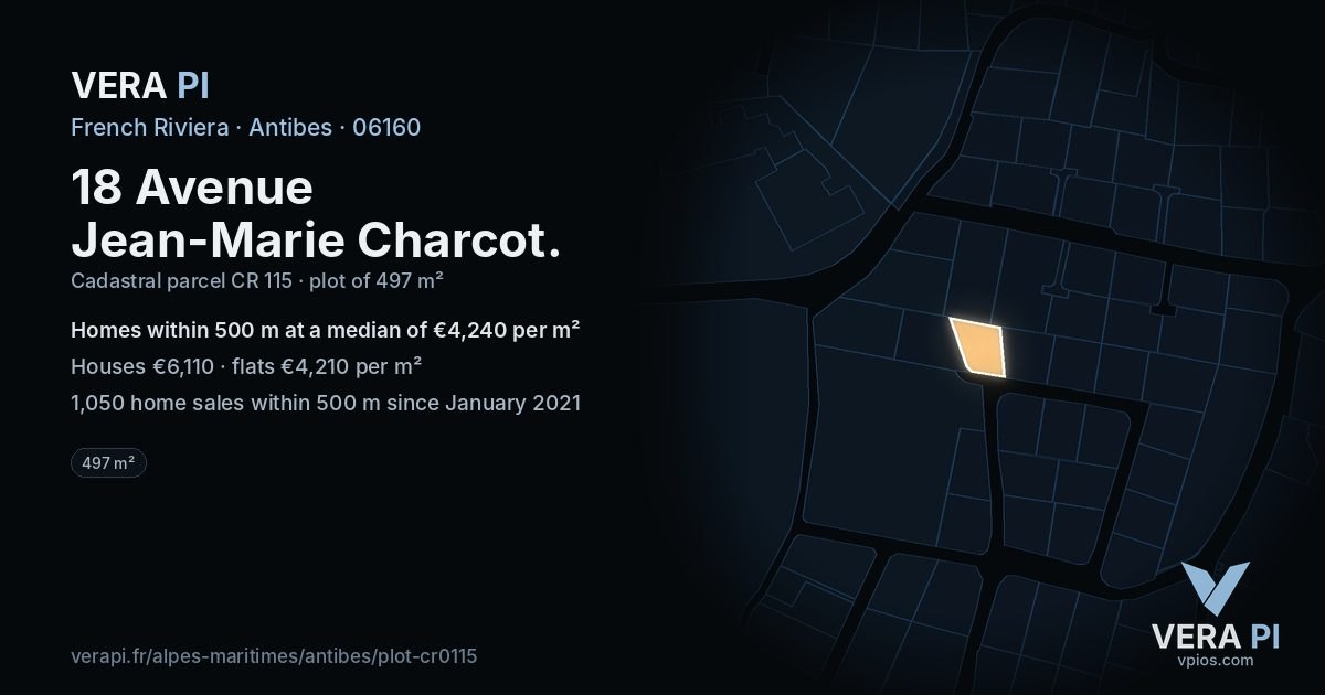 18 Avenue Jean-Marie Charcot, Antibes at night – the plot lit, the parcels around coloured by the prices near them