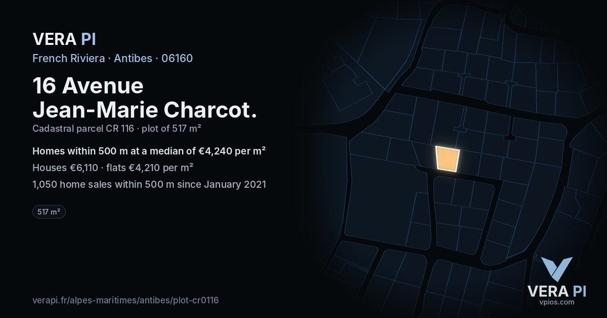 16 Avenue Jean-Marie Charcot, Antibes at night – the plot lit, the parcels around coloured by the prices near them