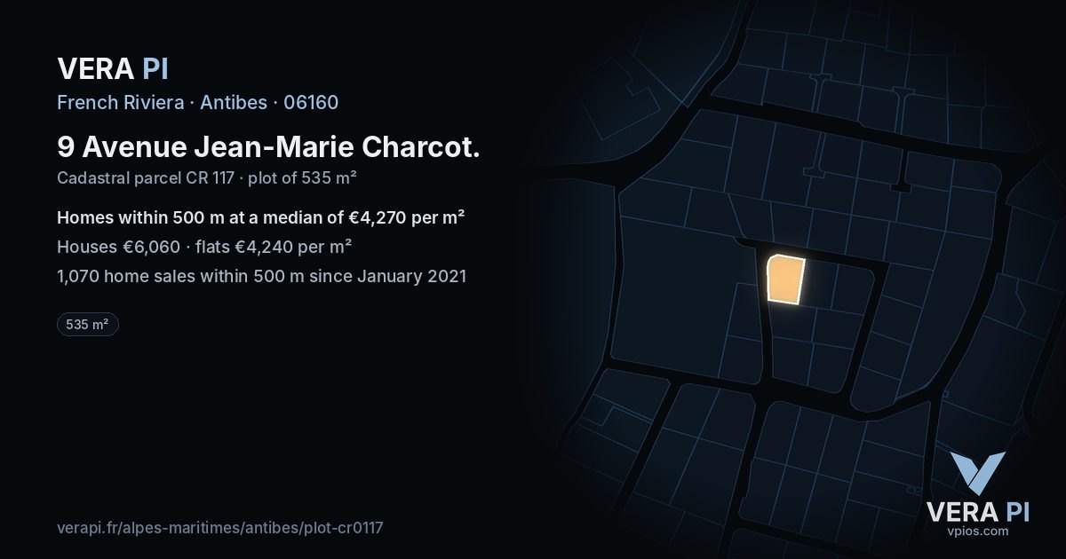 9 Avenue Jean-Marie Charcot, Antibes at night – the plot lit, the parcels around coloured by the prices near them