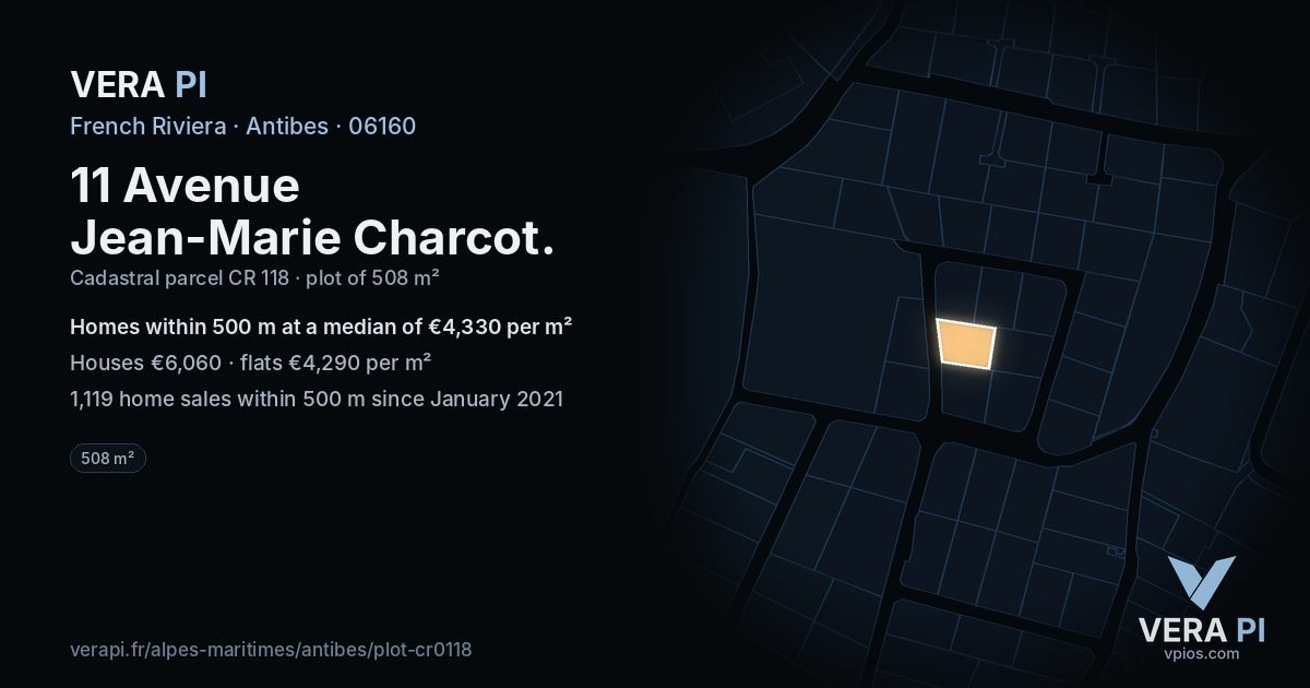 11 Avenue Jean-Marie Charcot, Antibes at night – the plot lit, the parcels around coloured by the prices near them