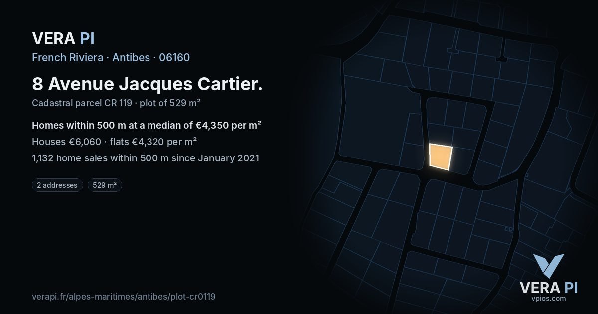 8 Avenue Jacques Cartier, Antibes at night – the plot lit, the parcels around coloured by the prices near them
