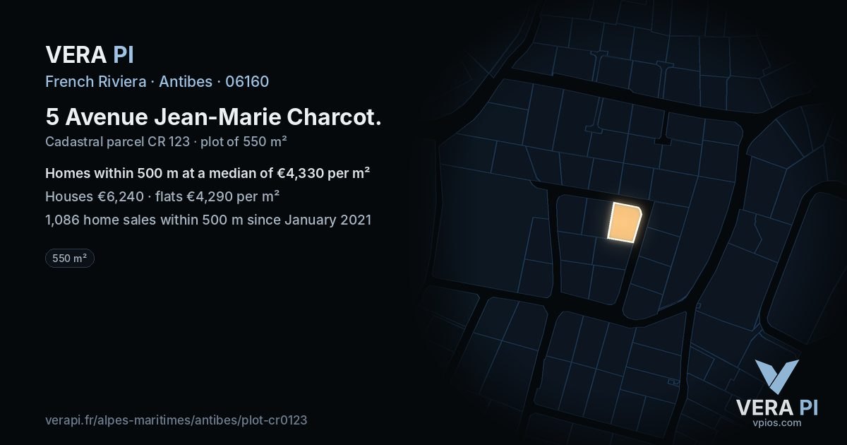 5 Avenue Jean-Marie Charcot, Antibes at night – the plot lit, the parcels around coloured by the prices near them
