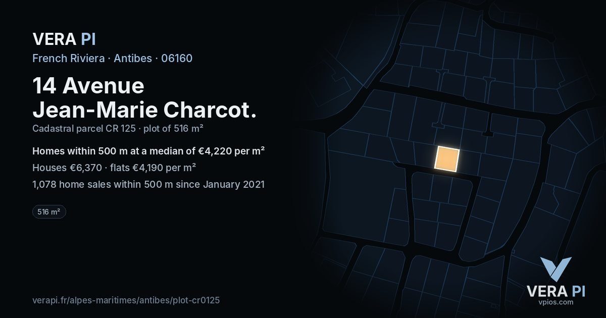 14 Avenue Jean-Marie Charcot, Antibes at night – the plot lit, the parcels around coloured by the prices near them