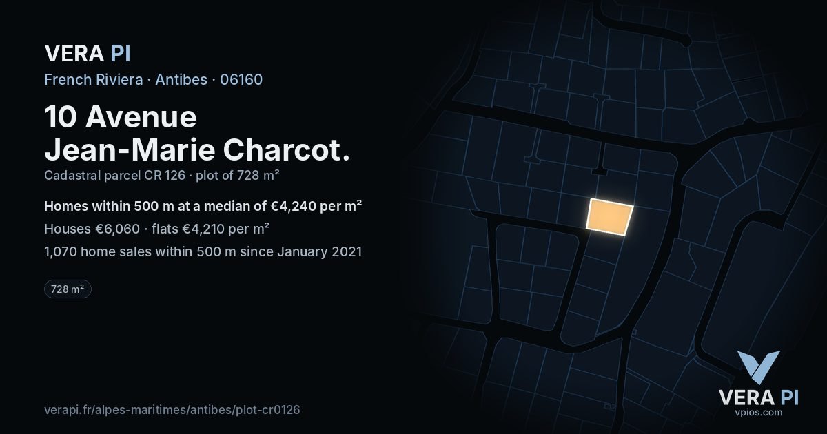 10 Avenue Jean-Marie Charcot, Antibes at night – the plot lit, the parcels around coloured by the prices near them
