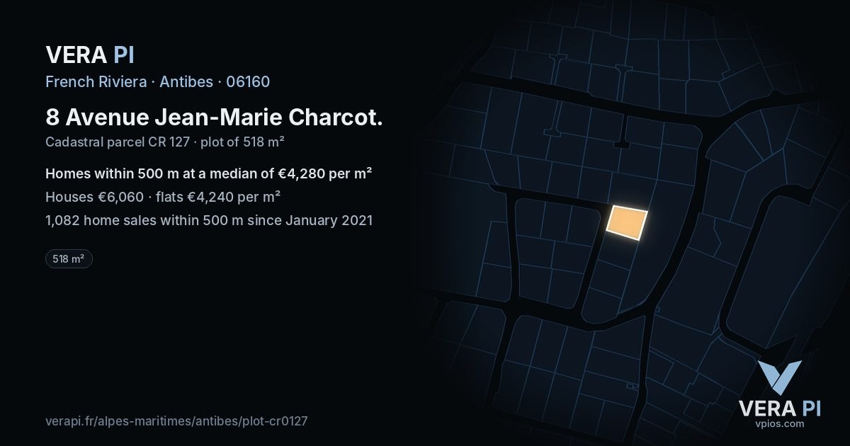 8 Avenue Jean-Marie Charcot, Antibes at night – the plot lit, the parcels around coloured by the prices near them