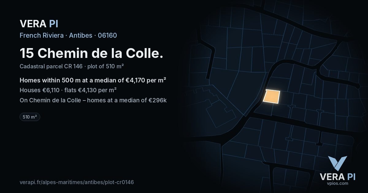 15 Chemin de la Colle, Antibes at night – the plot lit, the parcels around coloured by the prices near them