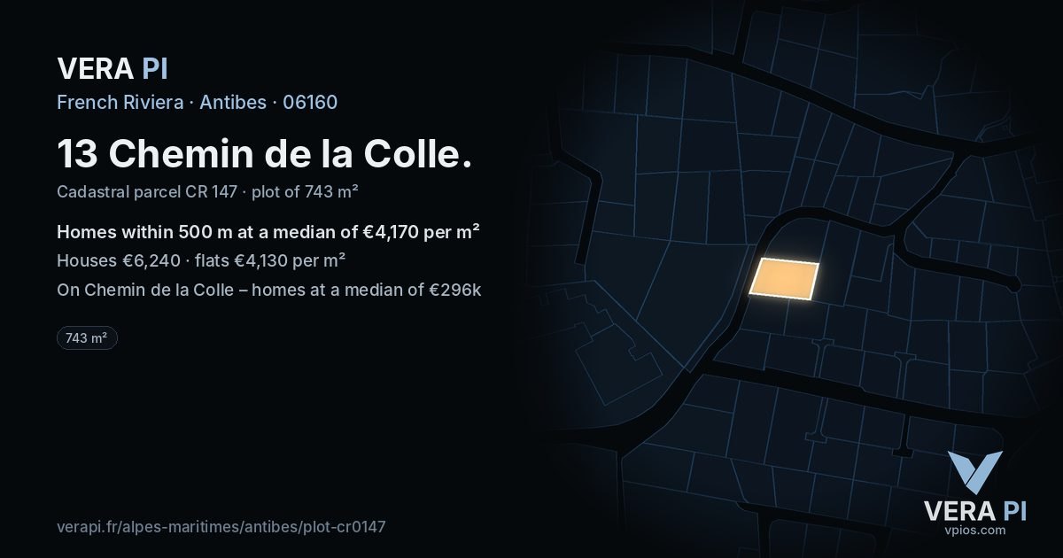 13 Chemin de la Colle, Antibes at night – the plot lit, the parcels around coloured by the prices near them