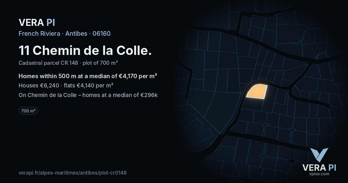11 Chemin de la Colle, Antibes at night – the plot lit, the parcels around coloured by the prices near them