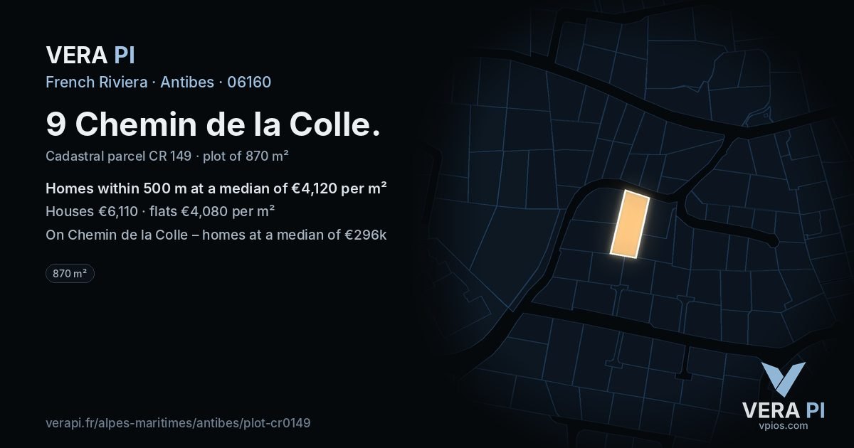 9 Chemin de la Colle, Antibes at night – the plot lit, the parcels around coloured by the prices near them