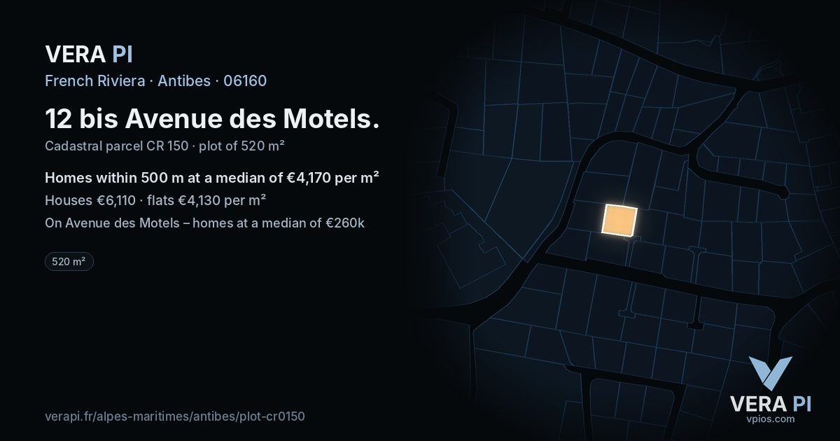 12 bis Avenue des Motels, Antibes at night – the plot lit, the parcels around coloured by the prices near them
