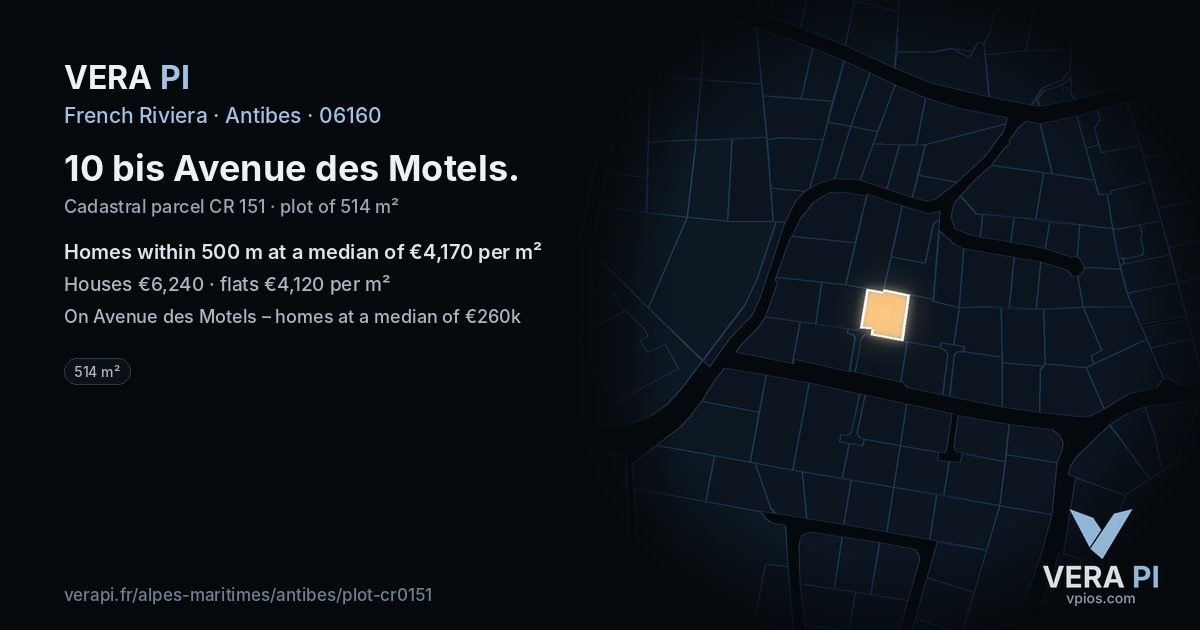 10 bis Avenue des Motels, Antibes at night – the plot lit, the parcels around coloured by the prices near them