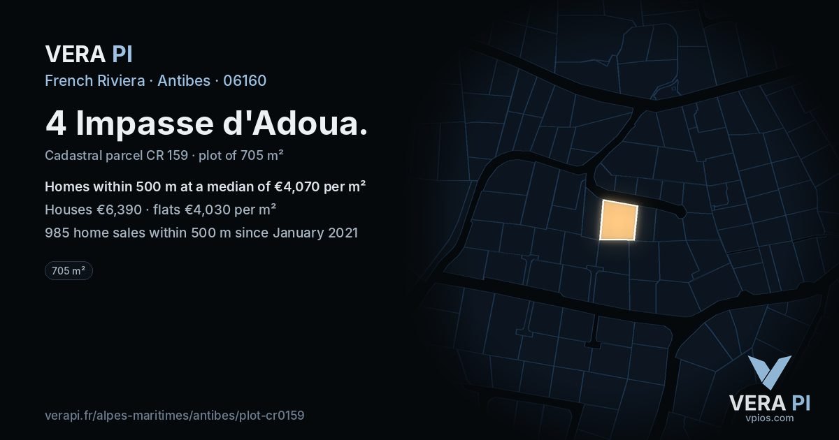 4 Impasse d'Adoua, Antibes at night – the plot lit, the parcels around coloured by the prices near them