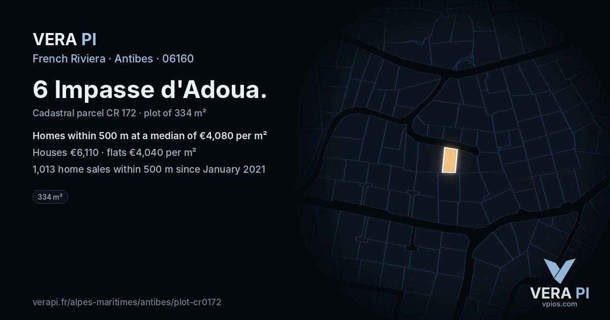 6 Impasse d'Adoua, Antibes at night – the plot lit, the parcels around coloured by the prices near them