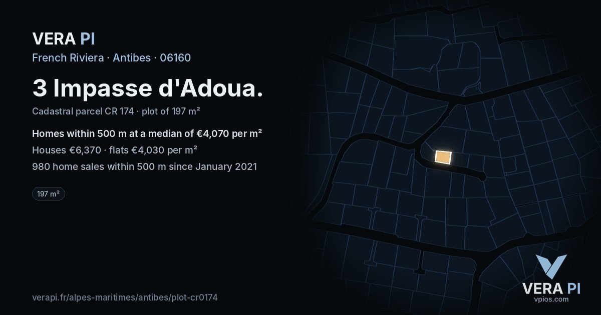 3 Impasse d'Adoua, Antibes at night – the plot lit, the parcels around coloured by the prices near them